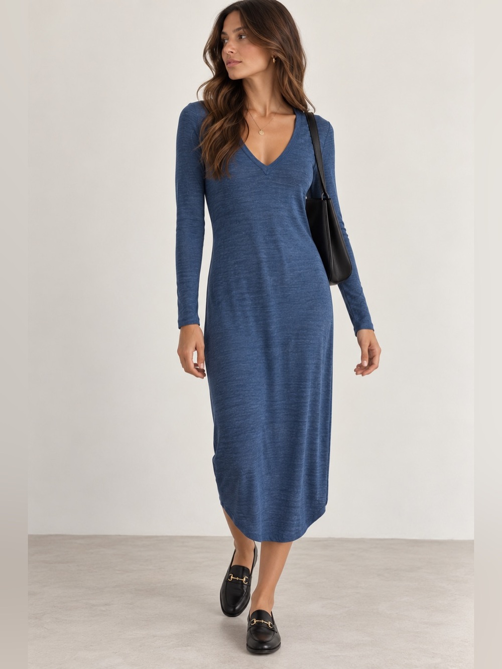 Aritzia Wilfred Free Lisiere Blue V-Neck Long Sleeve Knit Midi Dress M